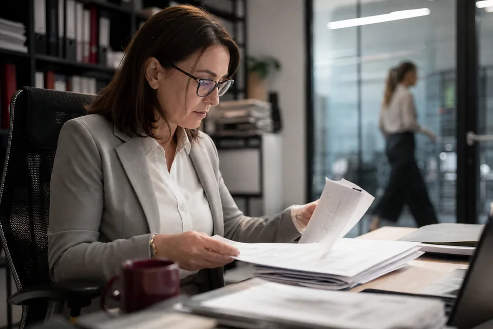 Dyrektor finansowy spółki analizuje przeterminowane należności przy biurku